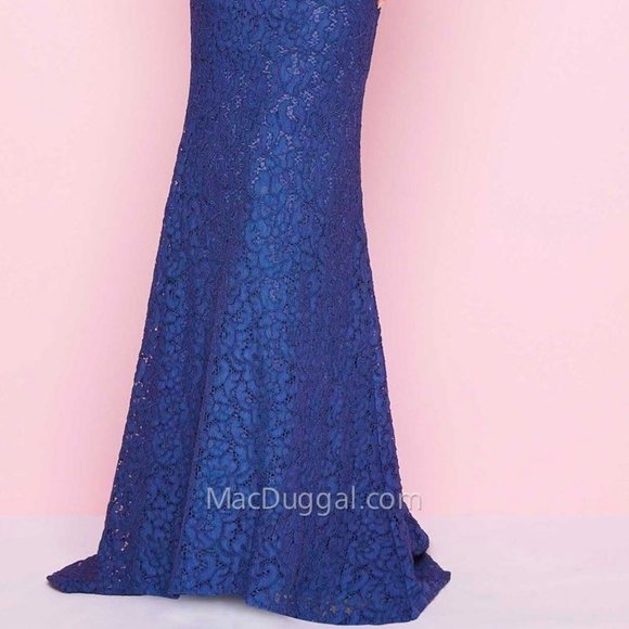 MAC DUGGAL CUTOUT BACK LACE HIGH NECK NAVY GOWN DRESS sz 12 - Picture 4 of 5